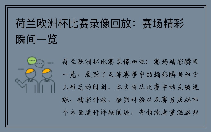荷兰欧洲杯比赛录像回放：赛场精彩瞬间一览