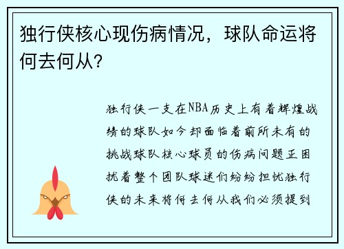 独行侠核心现伤病情况，球队命运将何去何从？